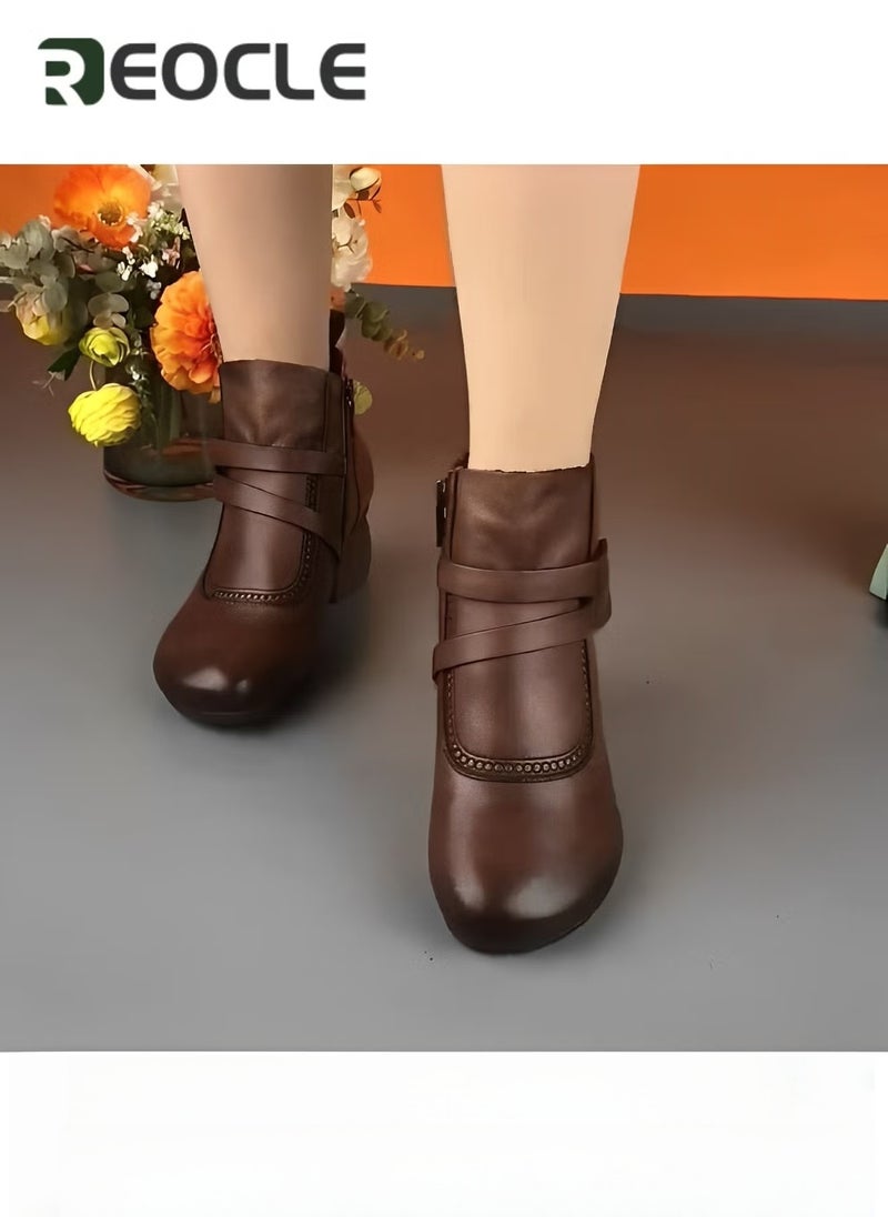 REOCLE Women's Ankle Boots Vintage Leather Short Boots Dressy Round Toe Shoes Casual Comfortable Boots with Arch Support & Premium Leather Fabric  - Image 2