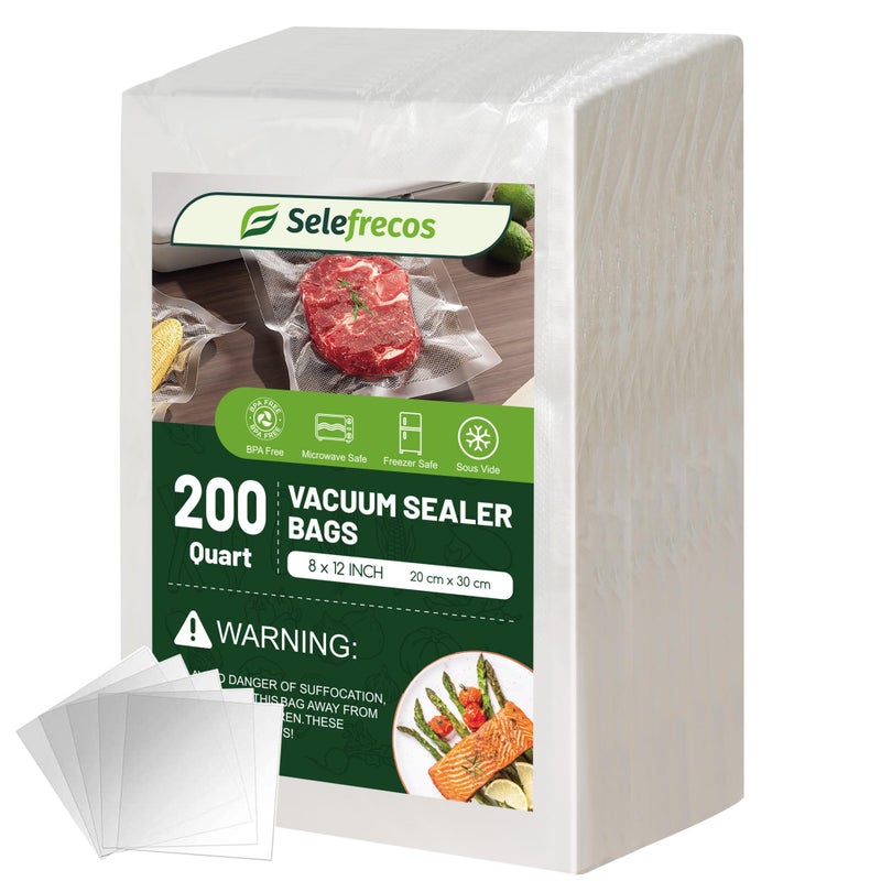 Selefrecos Vacuum Sealer Bags, 200 Quart BPA Free 8x12 Inch Vacuum Seal Bags for Food Saver, Seal a Meal, Weston. Heavy Duty Commercial Grade Vacuum Food Storage Bags for Sous Vide Freezer Vac Storage Meal Prep - Image 1