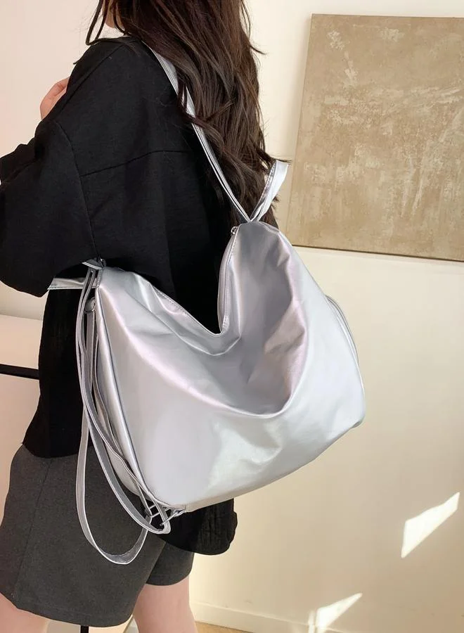 Take Two Silver Solid Zip Closure Backpack