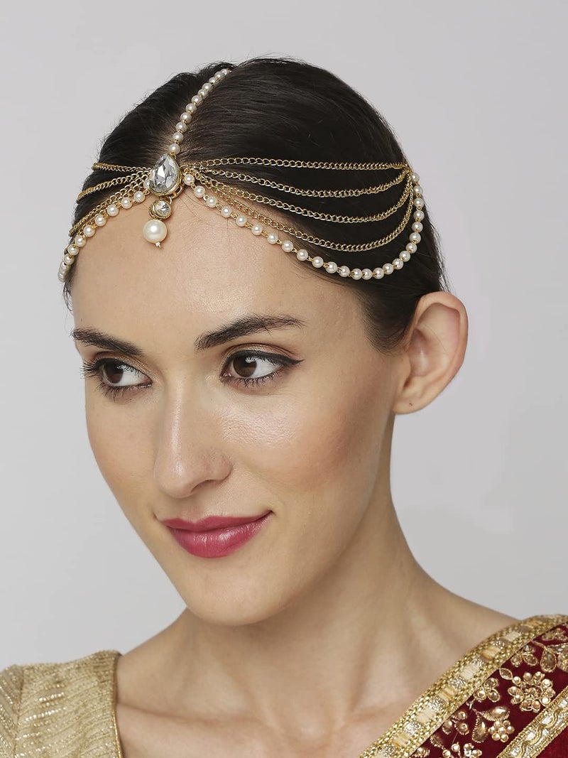 Oomph! مجموعة مجوهرات ذهبية كوندان و لؤلؤ تقليدية شیشفول مانتيكا ماثا باتي للنساء والفتيات - Image 4