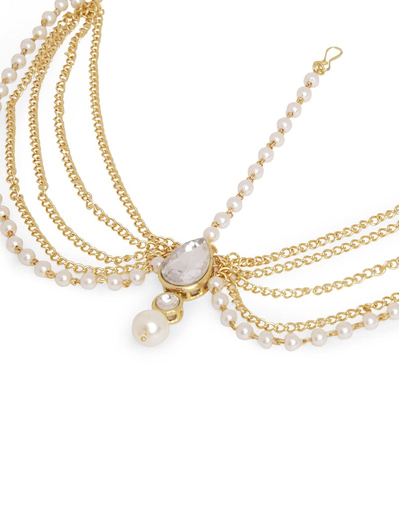 Oomph! مجموعة مجوهرات ذهبية كوندان و لؤلؤ تقليدية شیشفول مانتيكا ماثا باتي للنساء والفتيات - Image 3