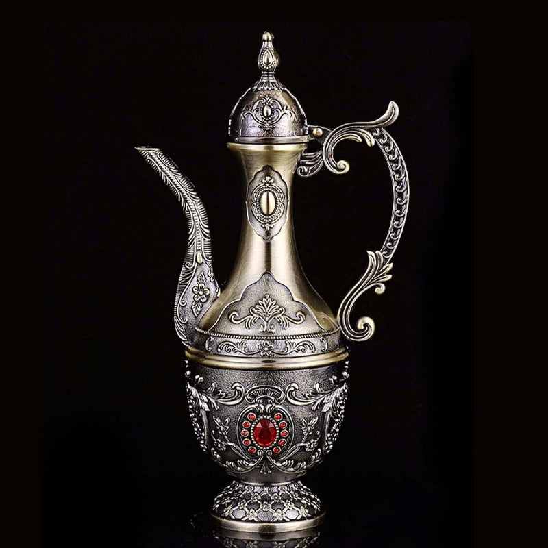 Igtazy Vintage Turkish Coffee Pot and Cups Set,Tea Service Set Including Teapot,Tea Tray and Metal Cups for Wine Cabinet Decor,Wedding Ornaments (Bronze with Red Crystal) - Image 4