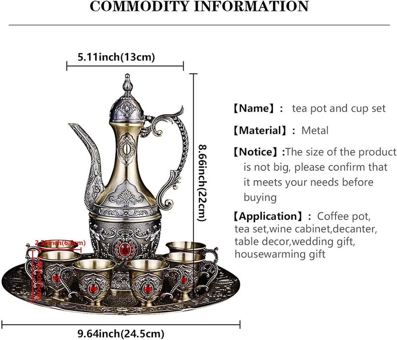 Igtazy Vintage Turkish Coffee Pot and Cups Set,Tea Service Set Including Teapot,Tea Tray and Metal Cups for Wine Cabinet Decor,Wedding Ornaments (Bronze with Red Crystal) - Image 2