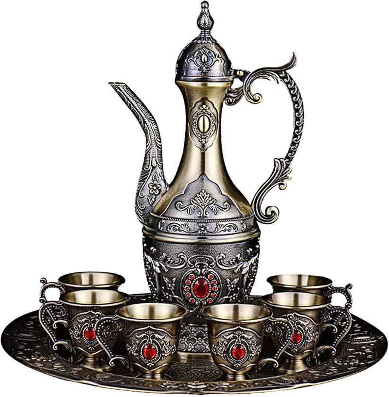Igtazy Vintage Turkish Coffee Pot and Cups Set,Tea Service Set Including Teapot,Tea Tray and Metal Cups for Wine Cabinet Decor,Wedding Ornaments (Bronze with Red Crystal) - Image 1