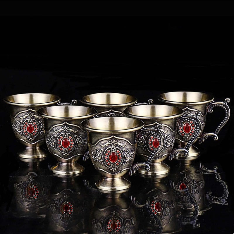 Igtazy Vintage Turkish Coffee Pot and Cups Set,Tea Service Set Including Teapot,Tea Tray and Metal Cups for Wine Cabinet Decor,Wedding Ornaments (Bronze with Red Crystal) - Image 3