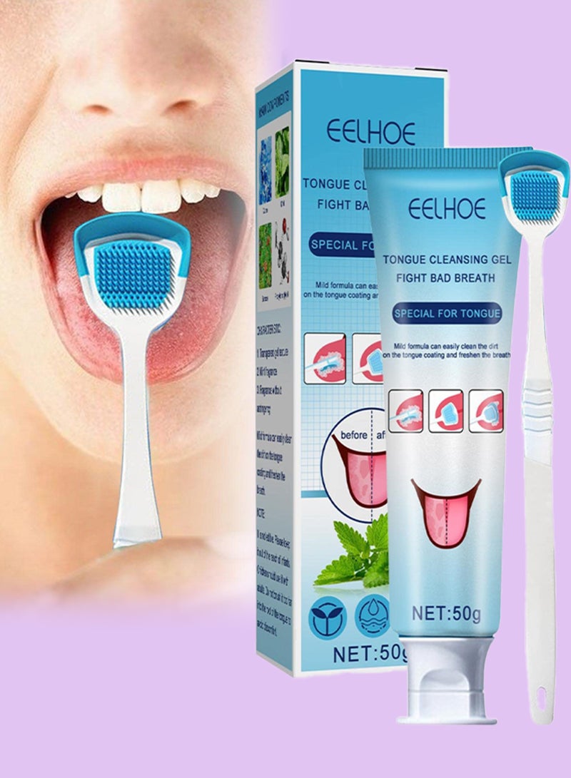 EELHOE 50g Tongue Cleansing Gel with Brush Removes Oral Odor Fresh Breath Tongue Coating Cleaning Bad Breath Tongue Cleaning Scraper Reusable Silicone Tongue Scraper Brush Eliminate Oral Odor Bad Breath Cleaner - Image 1
