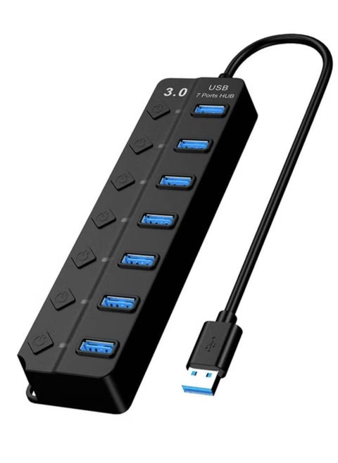 موزع USB 3.0 يعمل بالطاقة، 7 منافذ USB لشحن موسع البيانات، مع مفاتيح وأضواء فردية لأجهزة الكمبيوتر المحمول والكمبيوتر الشخصي وأجهزة USB المتوافقة للغاية، سرعة نقل البيانات 5 جيجابت في الثانية