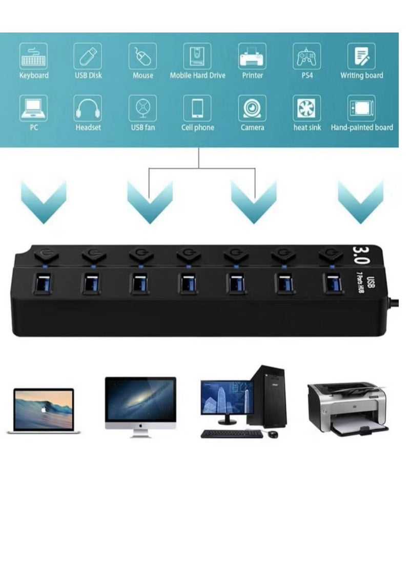 ماركة غير محددة - موزع USB 3.0 يعمل بالطاقة، 7 منافذ USB لشحن موسع البيانات، مع مفاتيح وأضواء فردية لأجهزة الكمبيوتر المحمول والكمبيوتر الشخصي وأجهزة USB المتوافقة للغاية، سرعة نقل البيانات 5 جيجابت في الثانية - Image 1