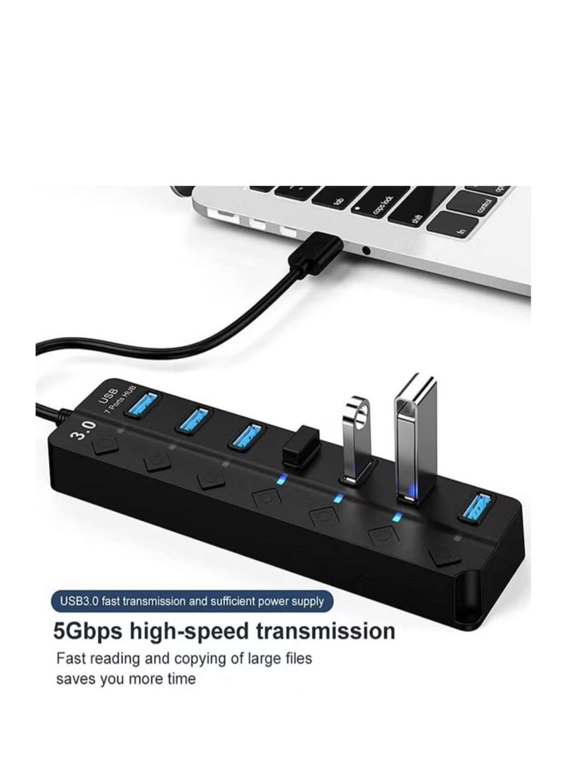 ماركة غير محددة - موزع USB 3.0 يعمل بالطاقة، 7 منافذ USB لشحن موسع البيانات، مع مفاتيح وأضواء فردية لأجهزة الكمبيوتر المحمول والكمبيوتر الشخصي وأجهزة USB المتوافقة للغاية، سرعة نقل البيانات 5 جيجابت في الثانية - Image 1