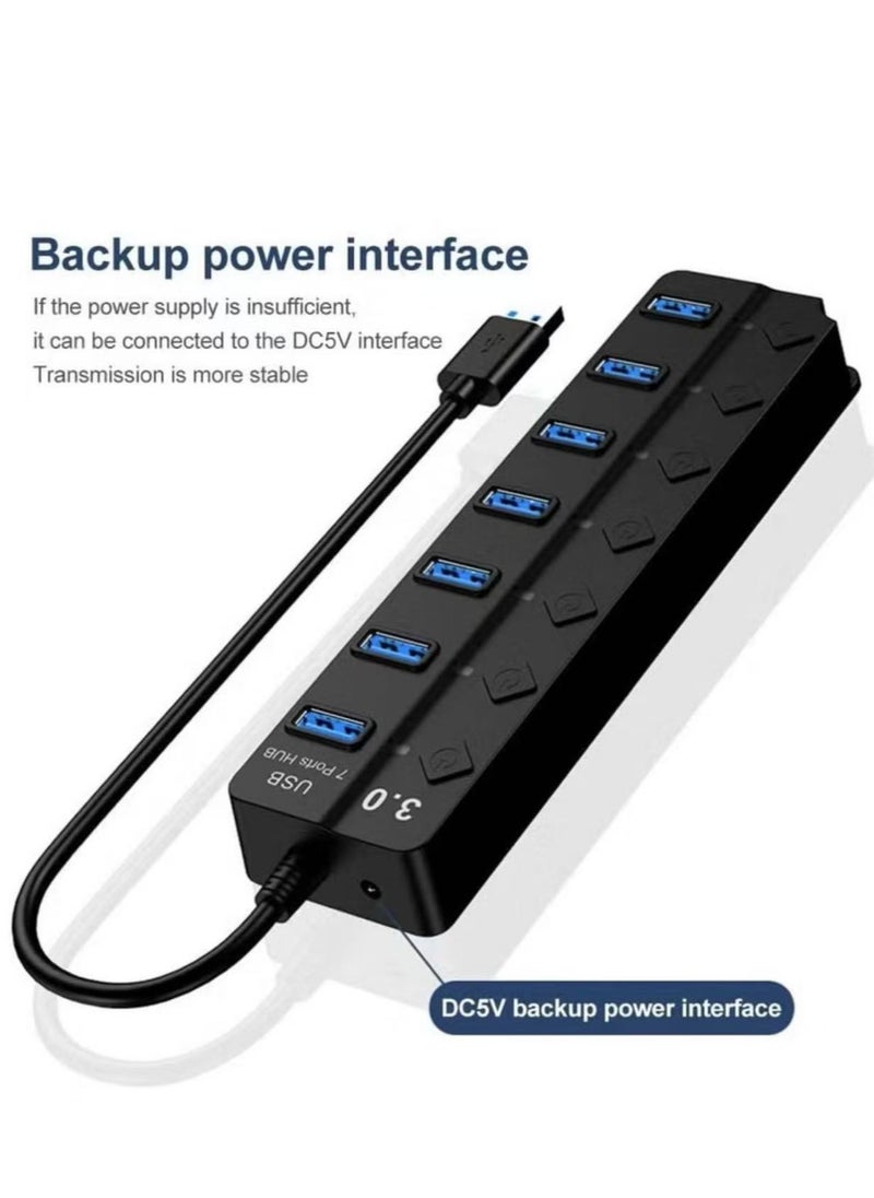 ماركة غير محددة - موزع USB 3.0 يعمل بالطاقة، 7 منافذ USB لشحن موسع البيانات، مع مفاتيح وأضواء فردية لأجهزة الكمبيوتر المحمول والكمبيوتر الشخصي وأجهزة USB المتوافقة للغاية، سرعة نقل البيانات 5 جيجابت في الثانية - Image 1