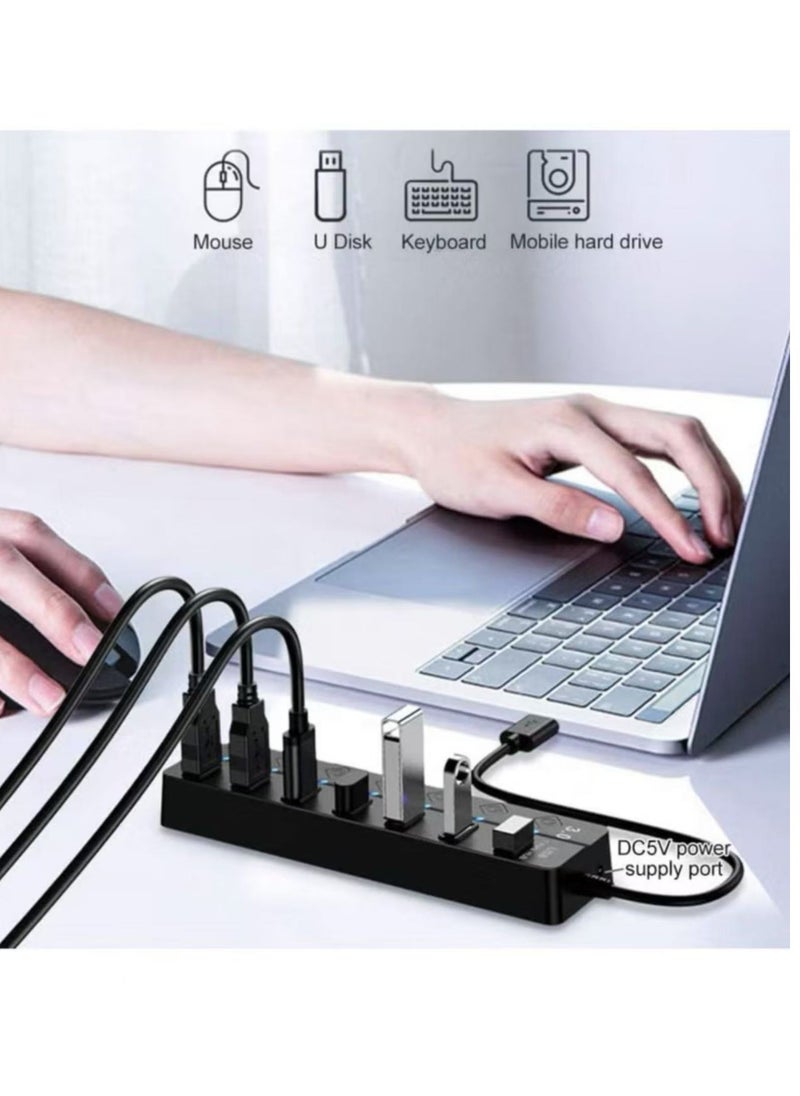 ماركة غير محددة - موزع USB 3.0 يعمل بالطاقة، 7 منافذ USB لشحن موسع البيانات، مع مفاتيح وأضواء فردية لأجهزة الكمبيوتر المحمول والكمبيوتر الشخصي وأجهزة USB المتوافقة للغاية، سرعة نقل البيانات 5 جيجابت في الثانية - Image 1
