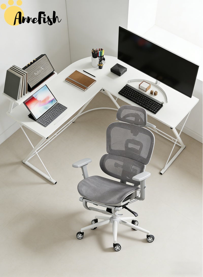 آن فش طقم مكتب وكرسي للألعاب، كرسي مكتب شبكي مريح مع مسند للقدمين ودعم قطني قابل للتعديل، مكتب ألعاب على شكل حرف L بطول 120 سم مع حامل شاشة - Image 1