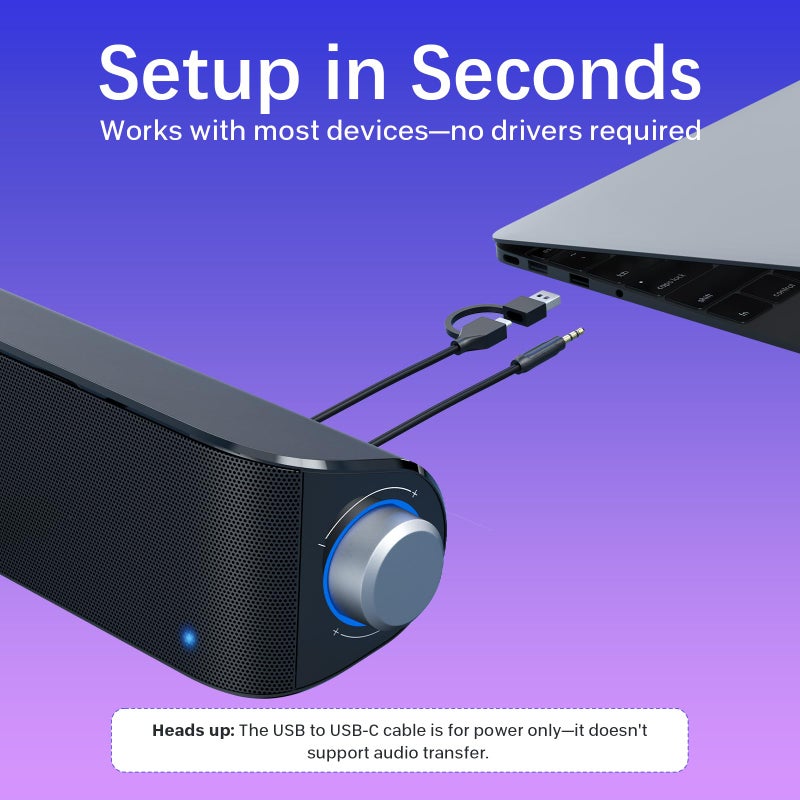 Nylavee Computer Speakers, Hi-Fi Stereo Computer Sound Bar with Bluetooth & 3.5mm Aux, USB/USB-C Powered for Desktop PC, Laptop & Monitor, Built-in Mic and Headphone Jack - Image 5