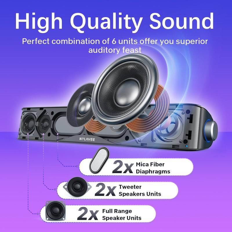 Nylavee Computer Speakers, Hi-Fi Stereo Computer Sound Bar with Bluetooth & 3.5mm Aux, USB/USB-C Powered for Desktop PC, Laptop & Monitor, Built-in Mic and Headphone Jack - Image 1