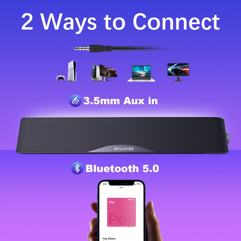 Nylavee Computer Speakers, Hi-Fi Stereo Computer Sound Bar with Bluetooth & 3.5mm Aux, USB/USB-C Powered for Desktop PC, Laptop & Monitor, Built-in Mic and Headphone Jack - Image 2