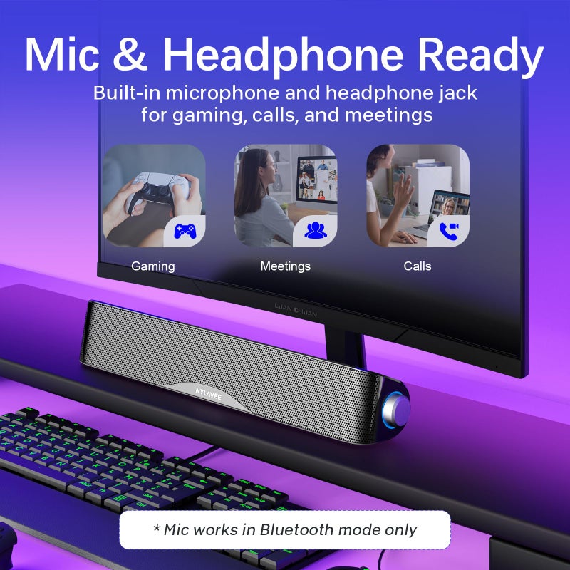 Nylavee Computer Speakers, Hi-Fi Stereo Computer Sound Bar with Bluetooth & 3.5mm Aux, USB/USB-C Powered for Desktop PC, Laptop & Monitor, Built-in Mic and Headphone Jack - Image 4