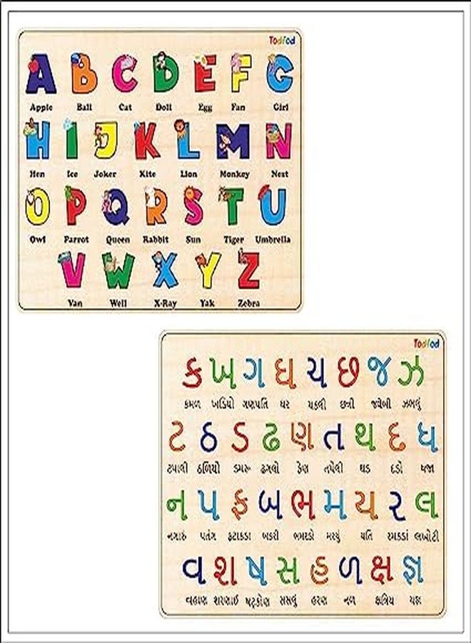 TodFod Wooden Gujarati & English Alphabets Puzzle Toy for Kids & Children, Gujarati Consonants with Knob, Pre-School Educational and Learning Boards Puzzle Toys - Image 1