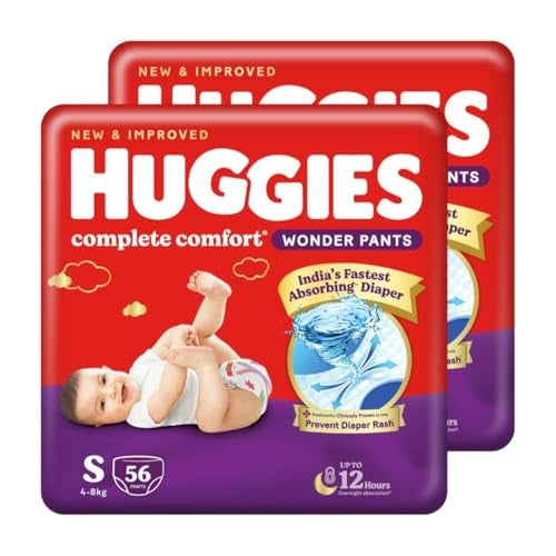 Huggies Complete Comfort Wonder Pants | Pant Style Baby Diapers Small Size (S), 112 Count | India's Fastest Absorbing Diaper, Prevents Diaper Rash, Ideal for 4 to 8 Kgs (56 Count, Pack of 2) - Image 1