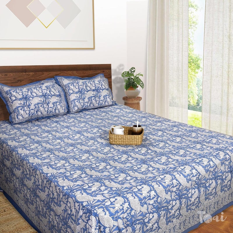 TOAI Bedsheet for Double Bed King Size 108 x 108 100 Pure Cotton 210TC Hand Block Printed Jaipuri Bed Sheet 2 Reversible Pillow Covers 18x27 Blue White Parrots - Image 1