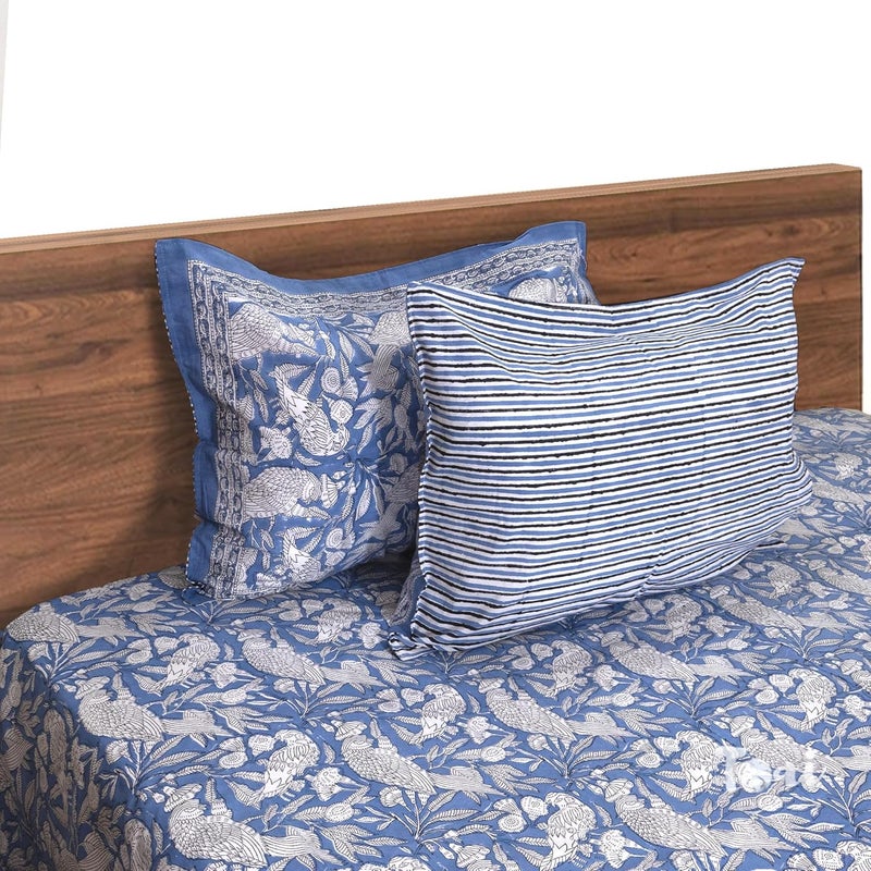 TOAI Bedsheet for Double Bed King Size 108 x 108 100 Pure Cotton 210TC Hand Block Printed Jaipuri Bed Sheet 2 Reversible Pillow Covers 18x27 Blue White Parrots - Image 3