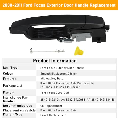 Moonlinks Compatible with Ford Focus 2008 2009 2010 2011 Exterior Door Handle, Front Right Passenger Side Replaces 8S4Z-5422404-AA, Cap w/o Keyhole 8S4Z-5422088-AA, Bracket 8S4Z-5426684-B Matte Black - Image 2