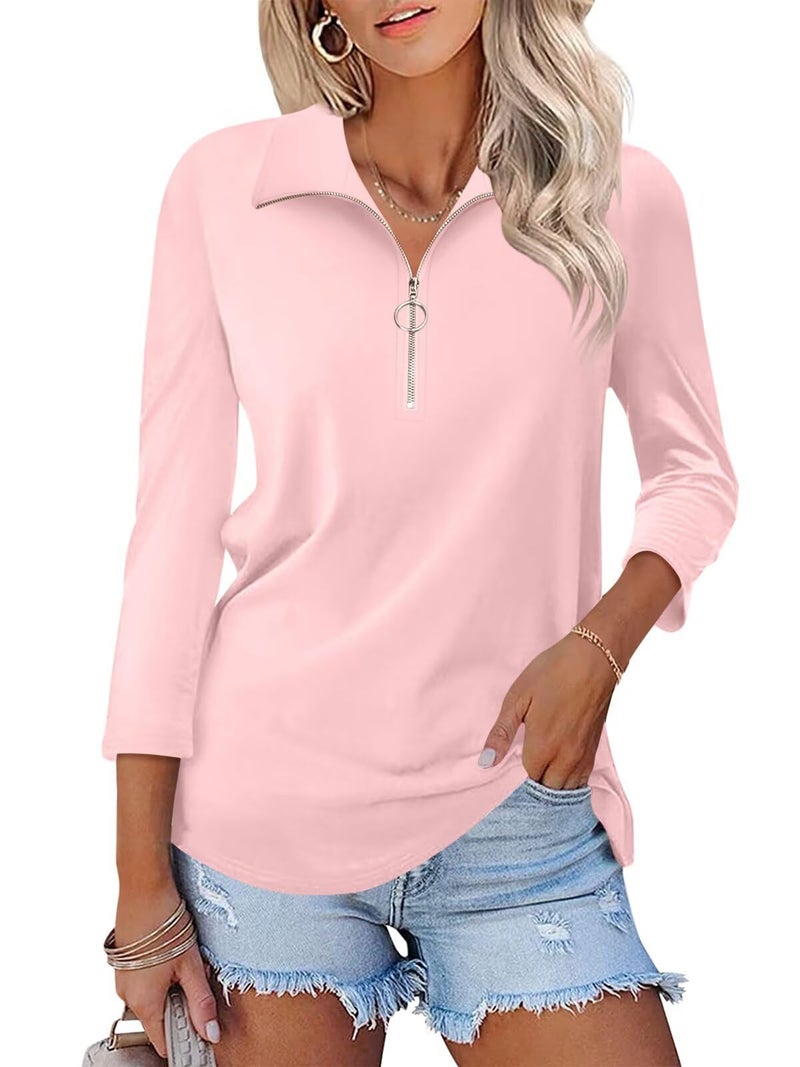 TICTICMISS Women's 3/4 Length Sleeve Tops Collared V Neck T Shirts Polo Zipper Summer Shirts - Image 1