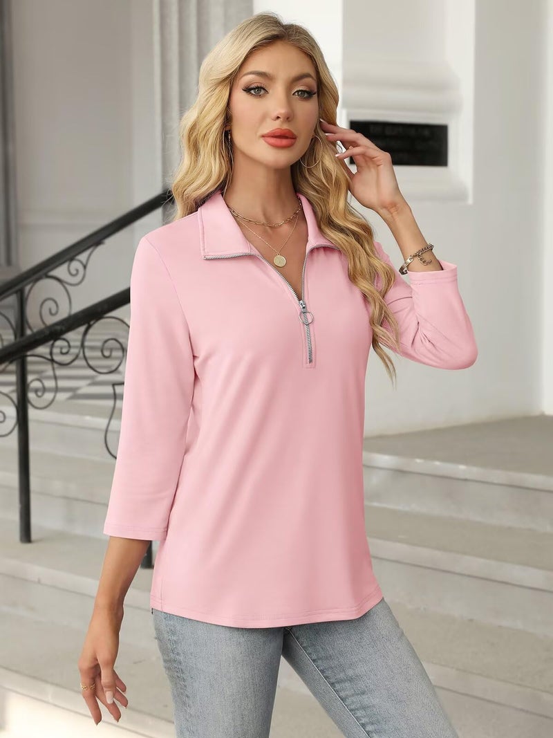 TICTICMISS Women's 3/4 Length Sleeve Tops Collared V Neck T Shirts Polo Zipper Summer Shirts - Image 3