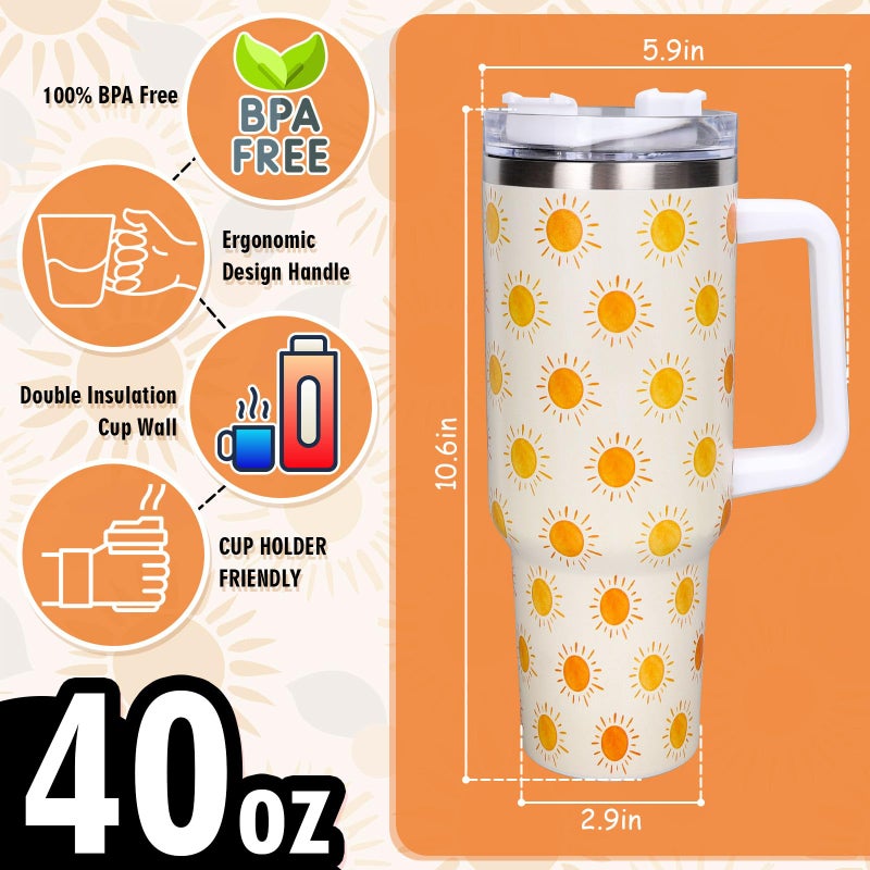 Whaline 40oz Boho Sun Tumbler with Handle Straw and Lid Sunshine Travel Tumbler Coffee Cup for Friend Holiday Birthday Party Favors - Image 2