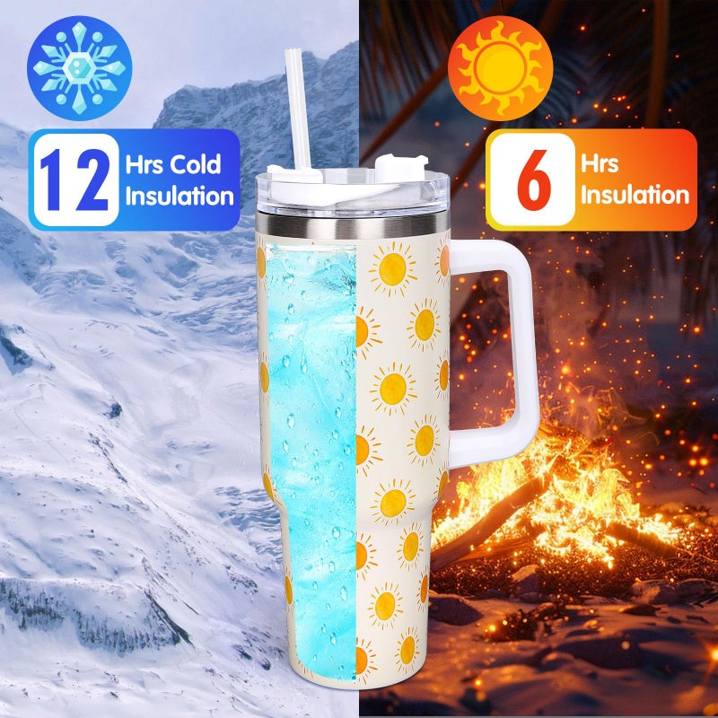 Whaline 40oz Boho Sun Tumbler with Handle Straw and Lid Sunshine Travel Tumbler Coffee Cup for Friend Holiday Birthday Party Favors - Image 4