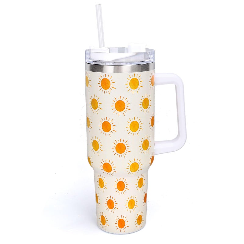 Whaline 40oz Boho Sun Tumbler with Handle Straw and Lid Sunshine Travel Tumbler Coffee Cup for Friend Holiday Birthday Party Favors - Image 1