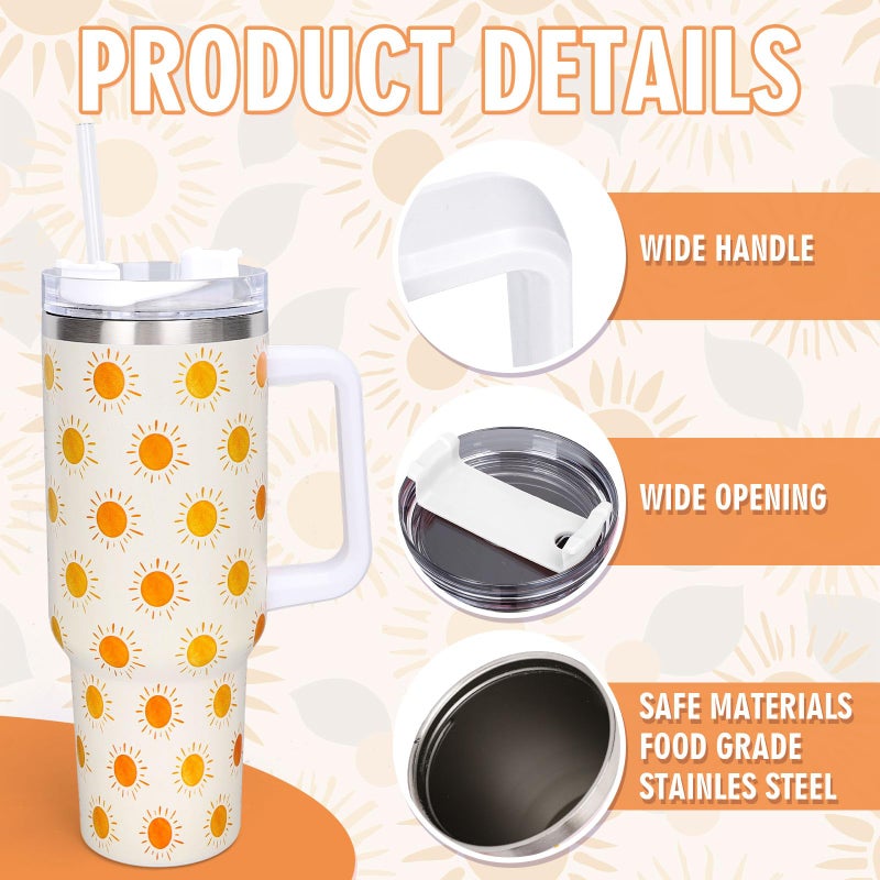 Whaline 40oz Boho Sun Tumbler with Handle Straw and Lid Sunshine Travel Tumbler Coffee Cup for Friend Holiday Birthday Party Favors - Image 3