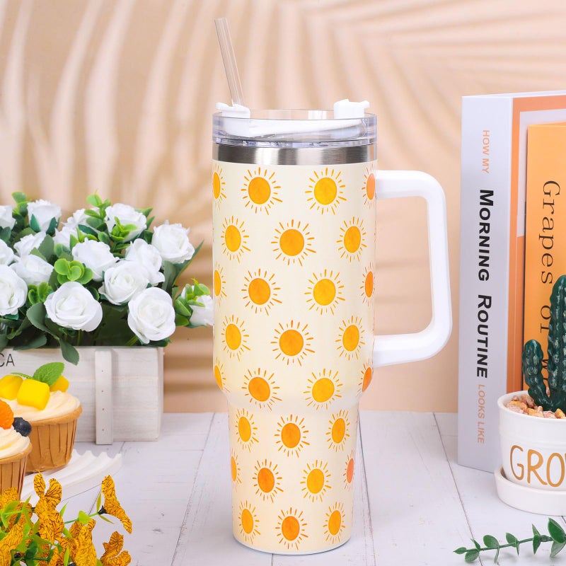 Whaline 40oz Boho Sun Tumbler with Handle Straw and Lid Sunshine Travel Tumbler Coffee Cup for Friend Holiday Birthday Party Favors - Image 5