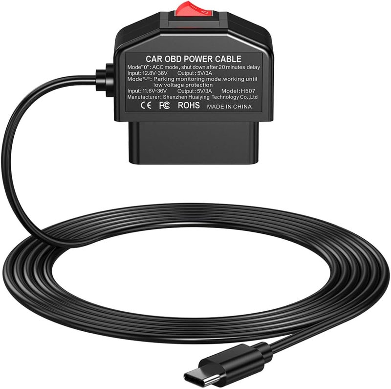 ANCLLO OBD Extension Cable for Dash Cam Type C OBDII Power Cable 12V 24V to 5V 3A with Switch 2 Mode Length of Cable 3.5M - Image 2