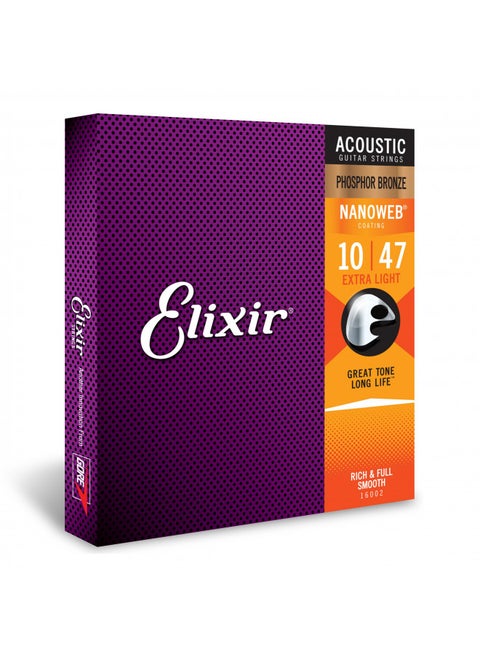 Elixir Strings - Acoustic Phosphor Bronze with NANOWEB Coating - Elixir Acoustic Guitar Strings - Extra Light (.010-.047)