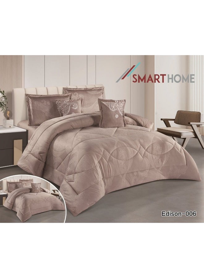 سمارت هوم مفرش فندقي مزدوج من المخمل، يناسب سرير بحجم 120X200 سم ، مفرش سرير نفرين نظام وجهين 4 قطع مع حشوة ، لحاف بنقشات فخمة لون بني  - Image 1