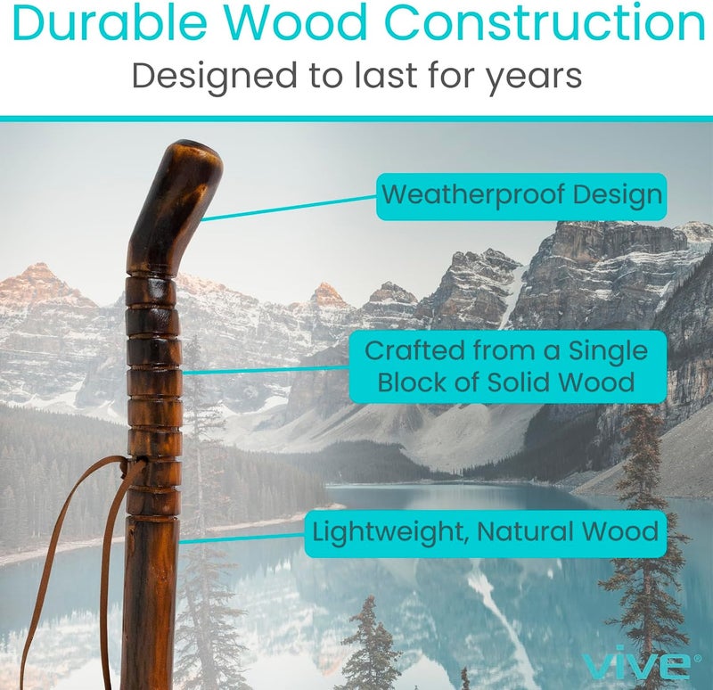 VIVE Wooden Walking Stick for Hiking - Handcrafted, Waterproof, with Leather Wrist Strap - Wood Staff for Balance, Women, Men, Seniors - Non-Slip Tip for Safety - Image 3