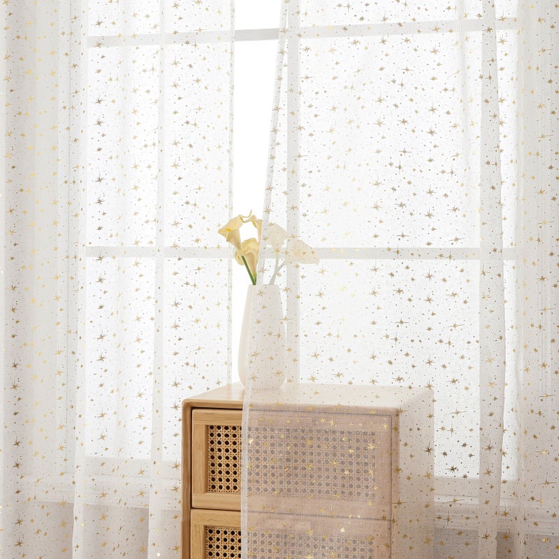 Sheer White Bohemian Curtains Light Filtering 2 Panels Star Dot 132x213cm - Image 3