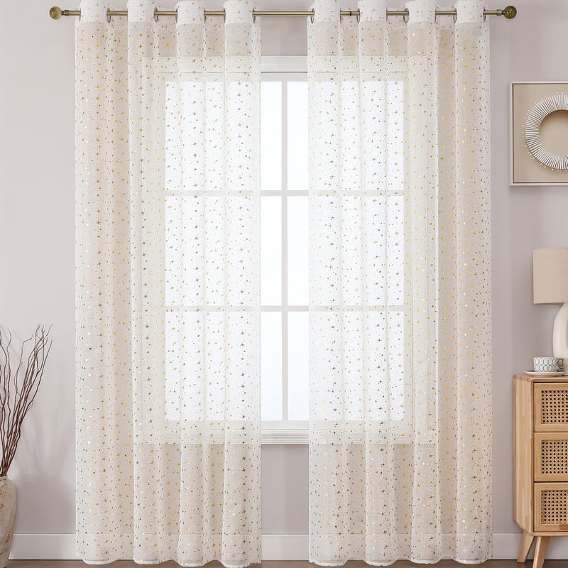 Sheer White Bohemian Curtains Light Filtering 2 Panels Star Dot 132x213cm - Image 1