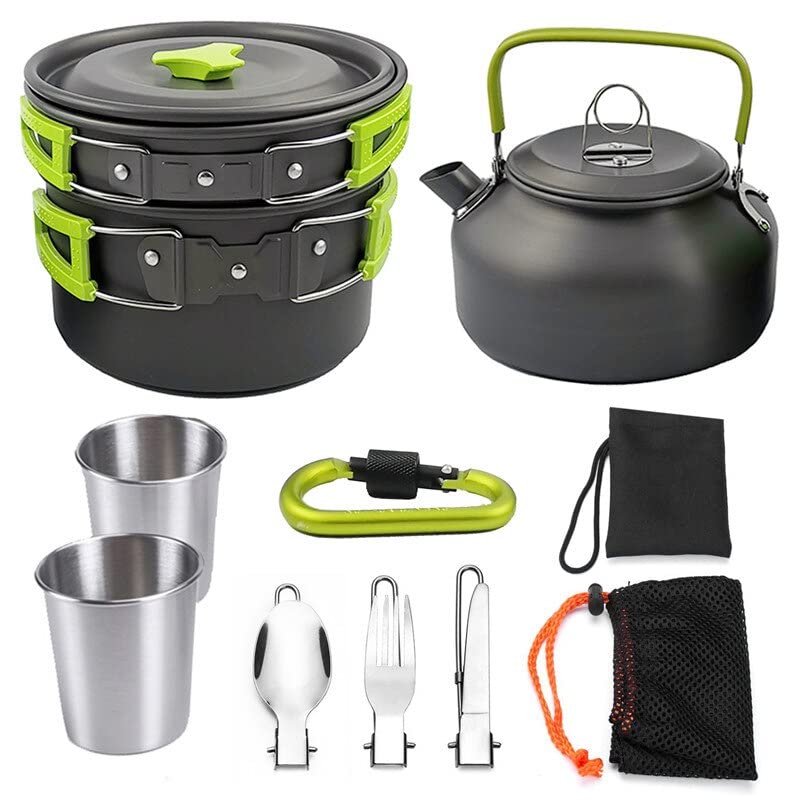 Linist Camping Cooking Set cookware Mess kit Outdoor Utensils, Portable Trekking Cooking Accessories for Camping Carabiner, Spoon, Bowl, Glass, Non-Stick pan - Image 2
