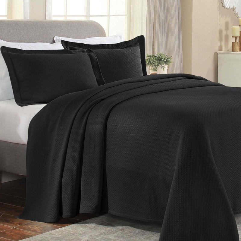 Superior Solitaire Cotton 3 Piece Bedspread Set Home Bed Decor Decorative Textured Bed Spread 2 Pillow Shams Airy Blanket Matelasse Coverlet Bedding AllSeason Accent Blanket King Black