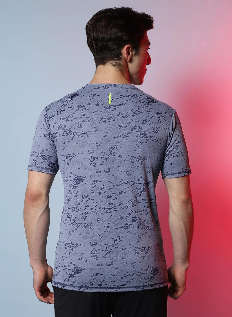 Campus Sutra Men's Prussian Blue Abstract Print Activewear T-Shirt