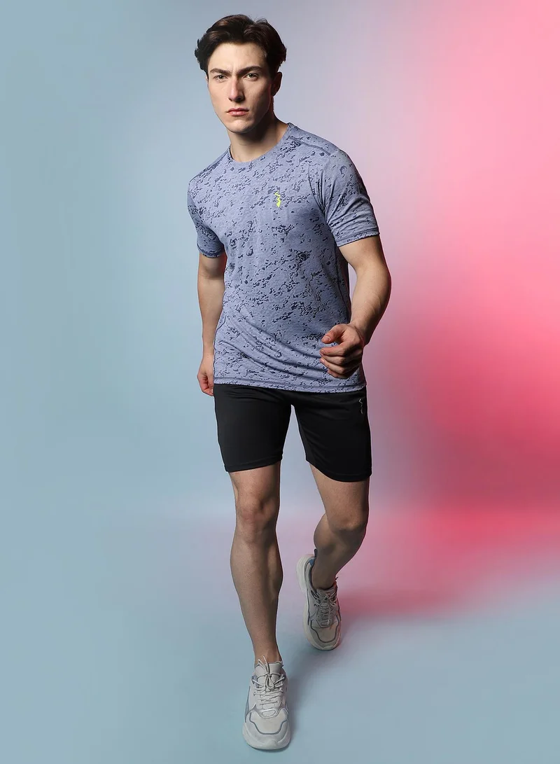 Campus Sutra Men's Prussian Blue Abstract Print Activewear T-Shirt
