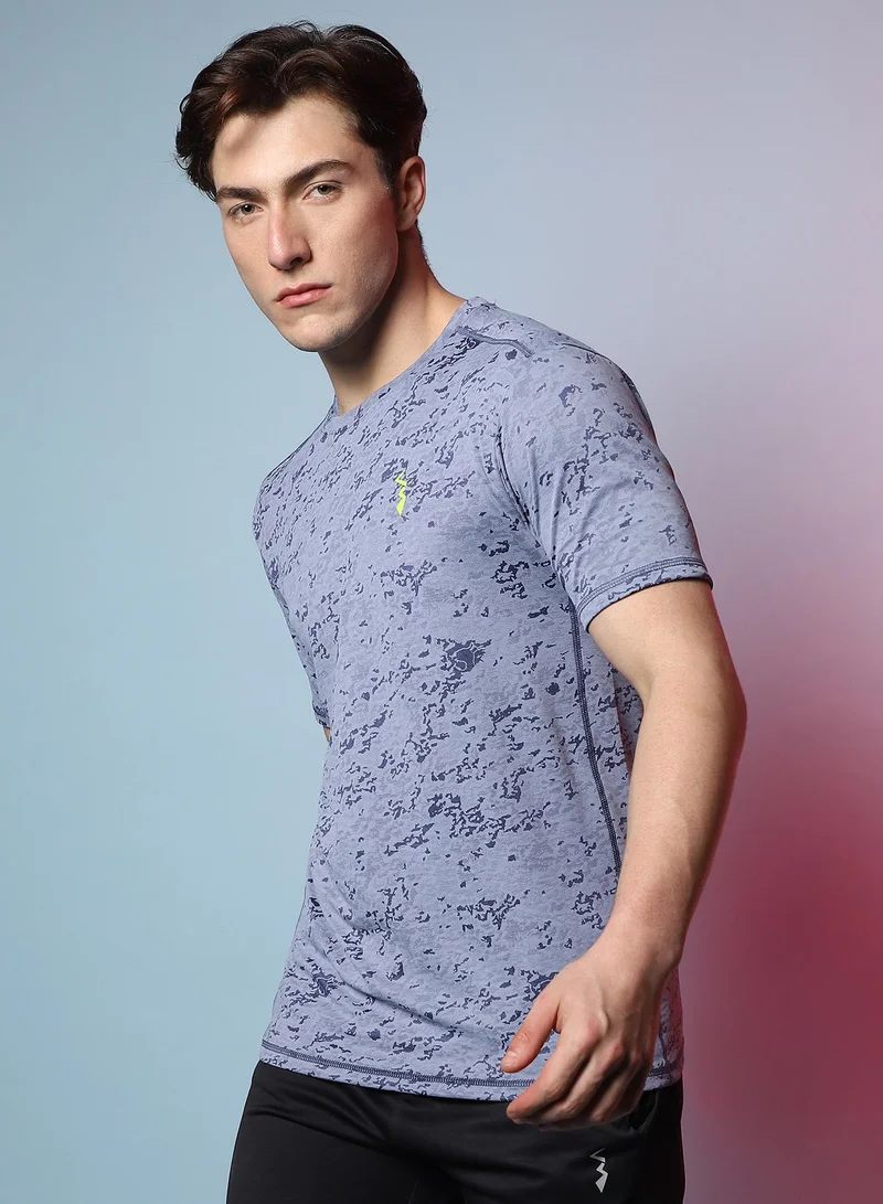 Campus Sutra Men's Prussian Blue Abstract Print Activewear T-Shirt