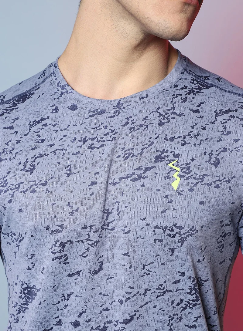Campus Sutra Men's Prussian Blue Abstract Print Activewear T-Shirt