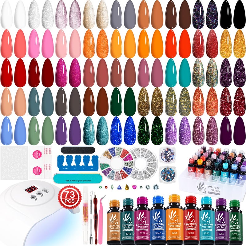 Lavender Violets 73 Pcs Gel Nail Polish Kit with U V Light 45 Colors with Nail PrimerBuilder BaseMatte  Glossy Top Coat Soak Off Manicure Tools Gifts for Women LA06