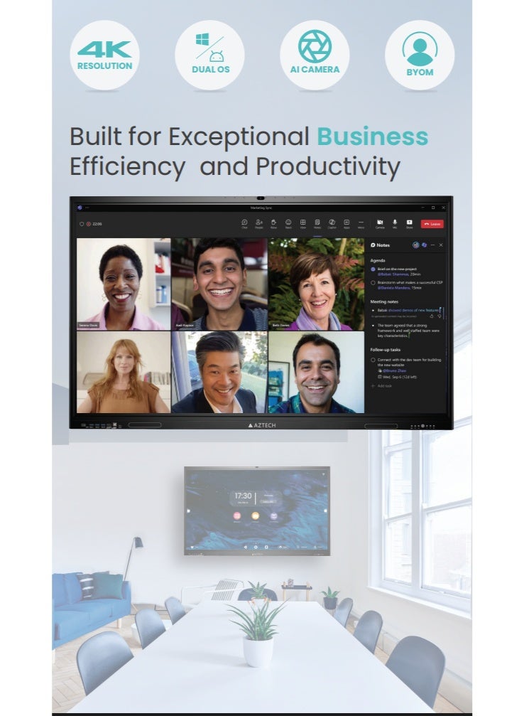 Aztech شاشة تفاعلية ذكية بحجم 98 بوصة بدقة 4K UHD | لوحة مسطحة تفاعلية بنظام أندرويد 13 | معالج ثماني النواة A76 بتردد 2.4GHz + A55 بتردد 2.0GHz | 16GB ذاكرة عشوائية و512GB تخزين | سبورة بيضاء رقمية متعددة اللمس 50 نقطة | كاميرا AI بدقة 48MP | مشاركة الشاشة اللاسلكية Wi-Fi 6 | متجر جوجل بلاي | شاشة عرض مؤتمرات BYOM | مكبرات صوت مدمجة 20W x2 + 20W مضخم صوت 20W | شاشة تفاعلية للفصول الدراسية، المدارس، غرف الاجتماعات، مراكز التدريب، وعروض الأعمال شاشة لمسية ذكية AZ2598-U01 - Image 2