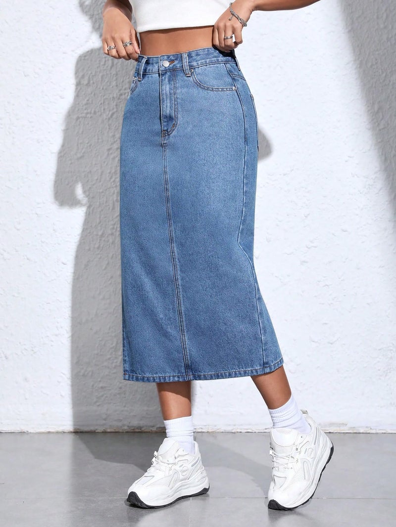 Aahwan Blue Solid High Waist Slit Denim Skirt for Women's & Girl's (344-Aahwan Blue-34) - Image 5