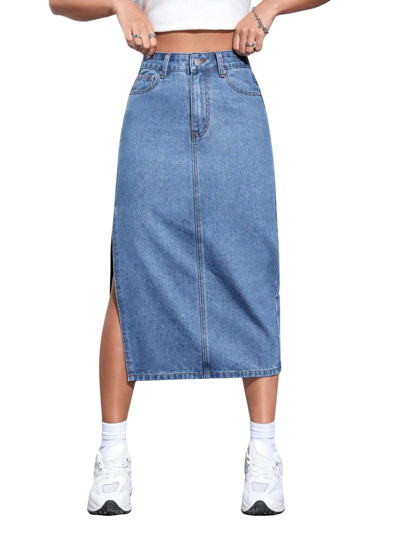 Aahwan Blue Solid High Waist Slit Denim Skirt for Women's & Girl's (344-Aahwan Blue-34) - Image 1
