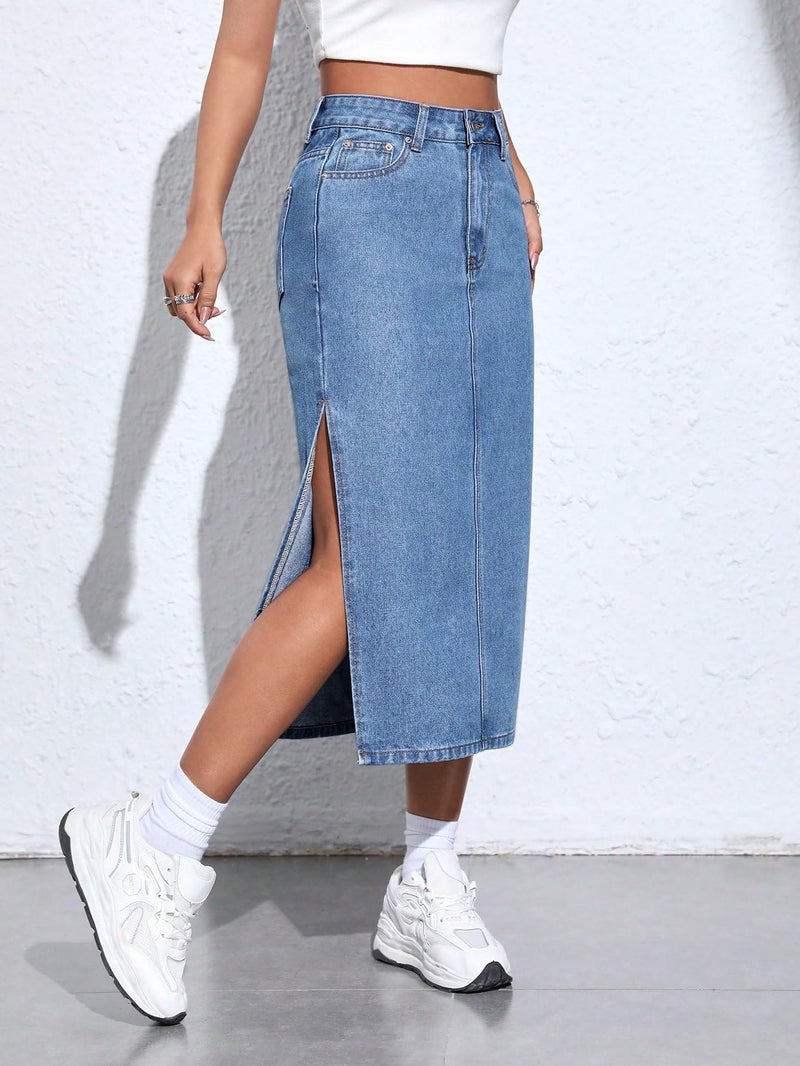 Aahwan Blue Solid High Waist Slit Denim Skirt for Women's & Girl's (344-Aahwan Blue-34) - Image 3
