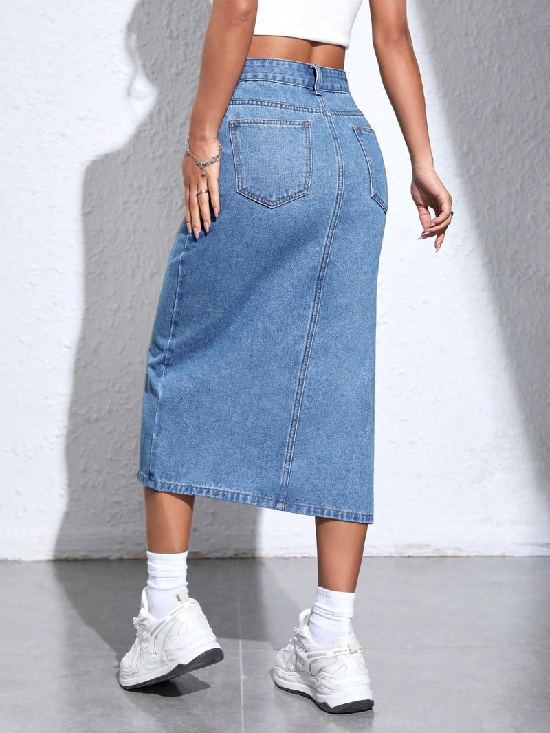 Aahwan Blue Solid High Waist Slit Denim Skirt for Women's & Girl's (344-Aahwan Blue-34) - Image 2